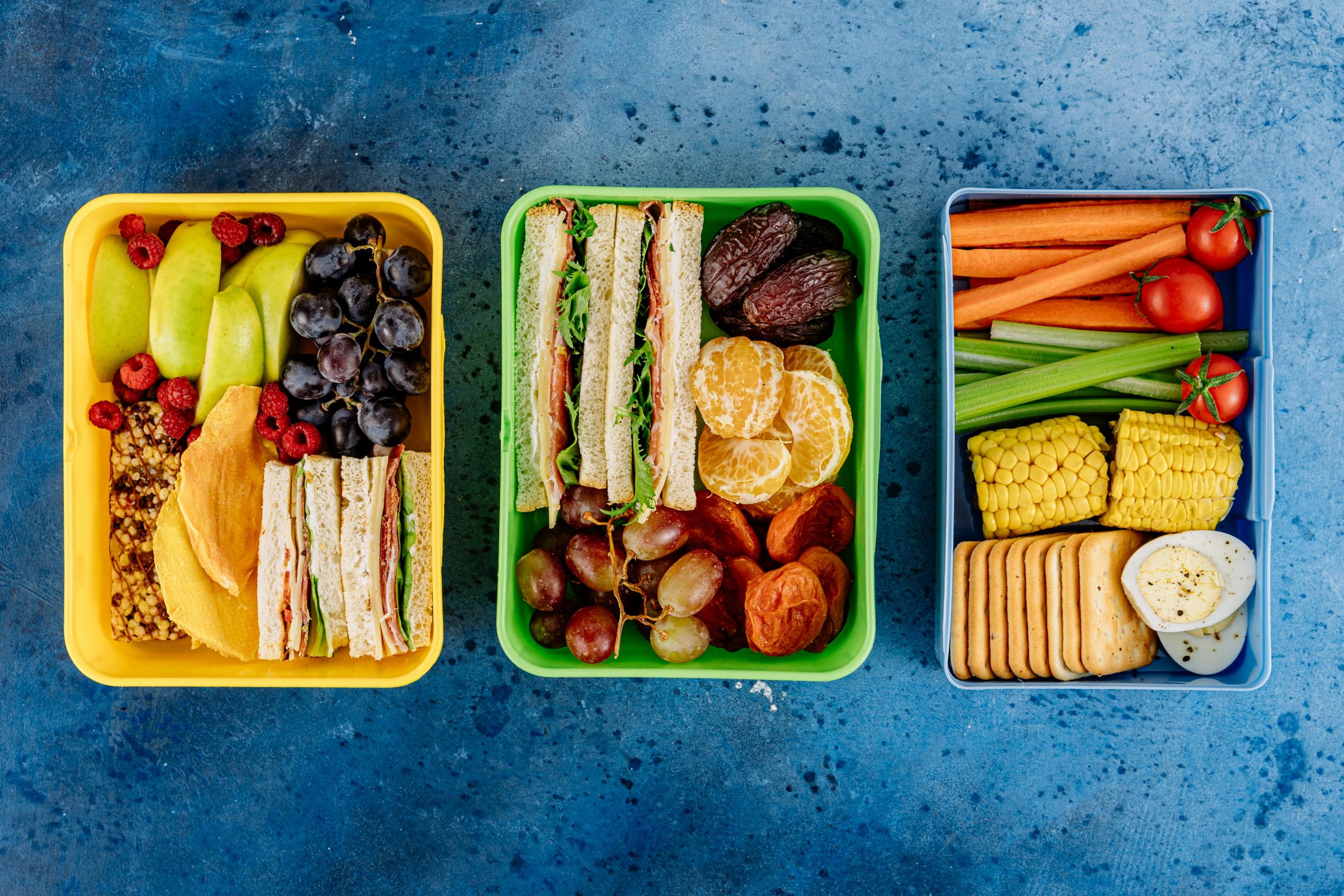 “Lunchbox with fruit, sandwich, and crackers for school.”