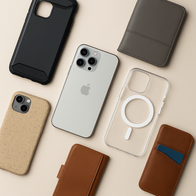 Flat lay of iPhone 17 cases including rugged, clear, wallet, and eco-friendly styles.