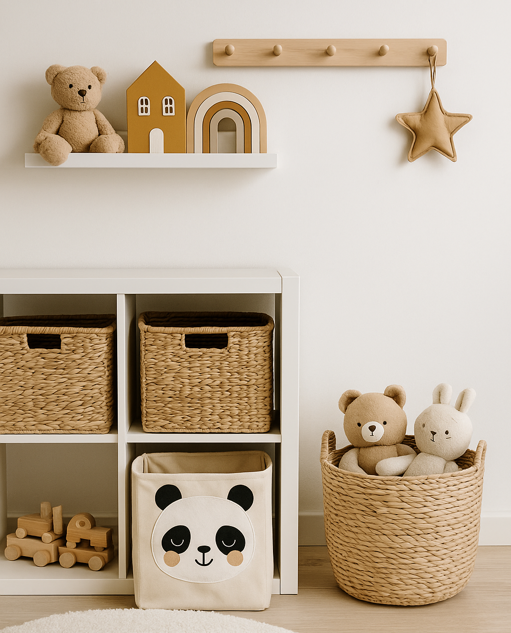 Children’s bedroom corner with wall shelves, woven toy baskets, and fabric storage bins neatly organized
