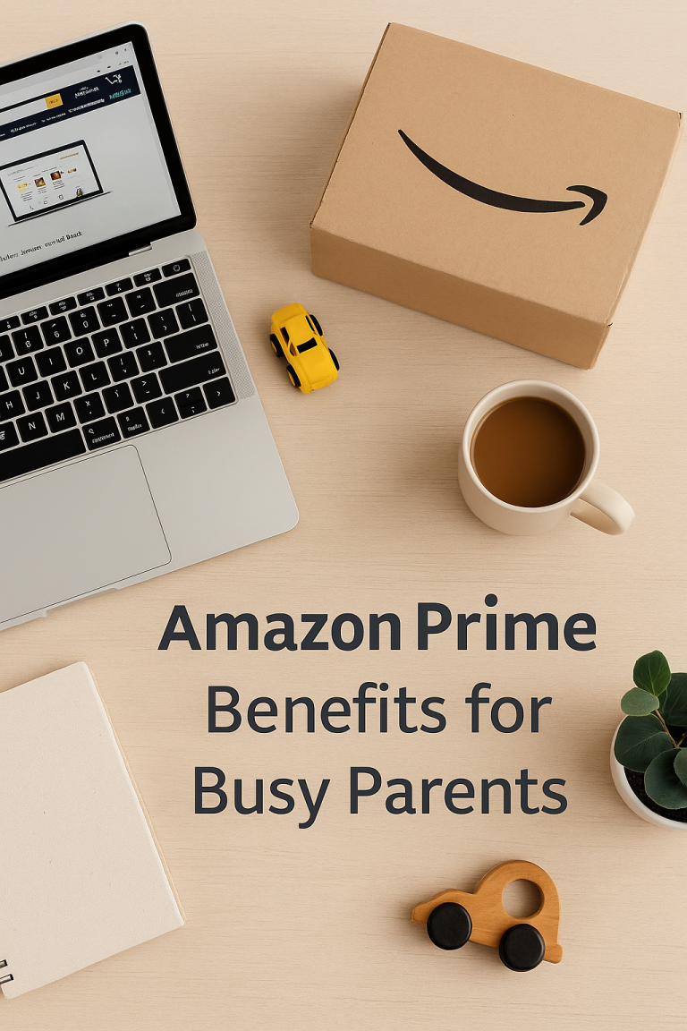 Flat lay of Amazon Prime delivery box, laptop, and family items on a table, representing Amazon Prime benefits for busy parents.